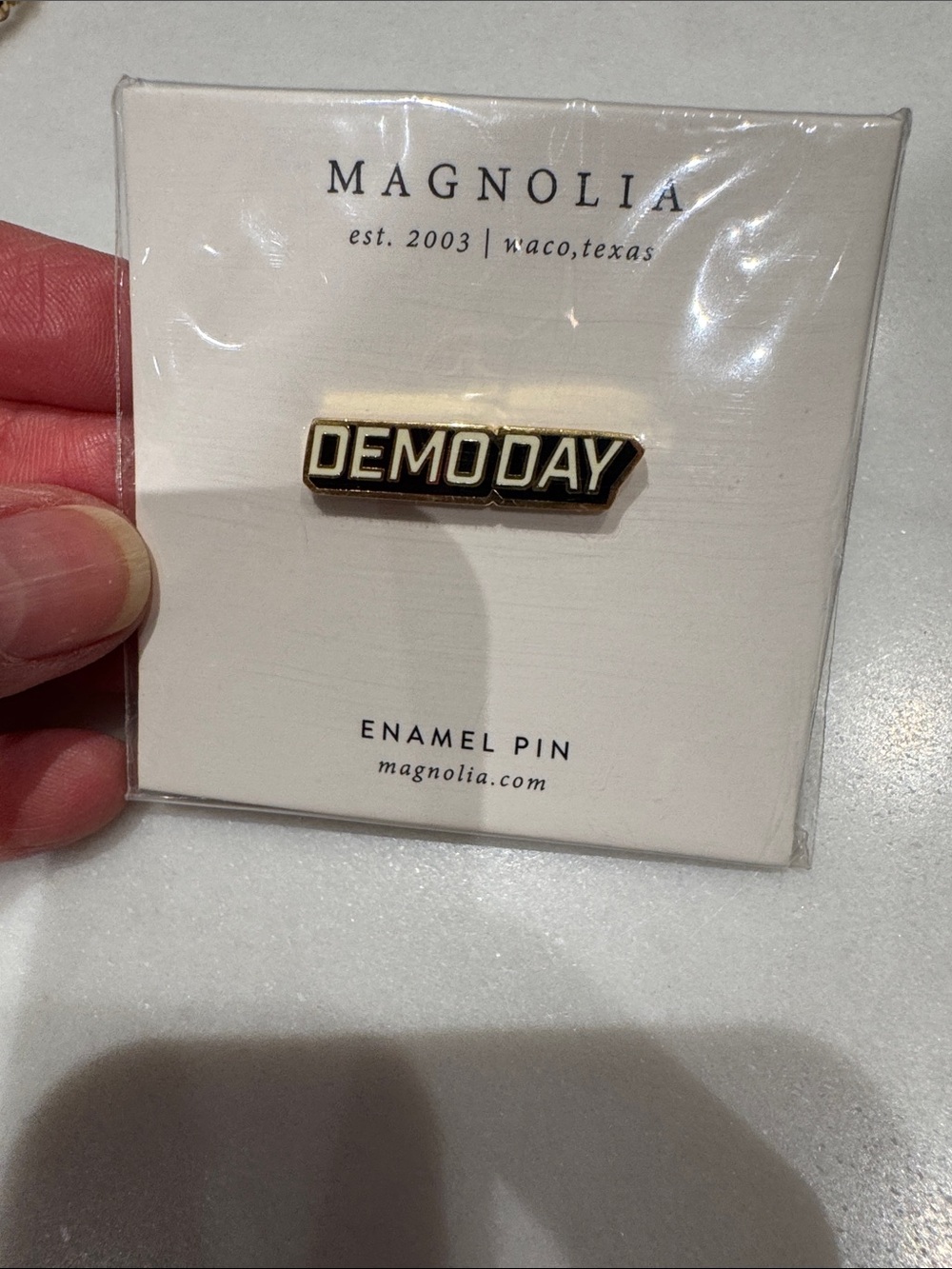 Magnolia DEMO DAY Enamel Pin - Black and Gold Trim New